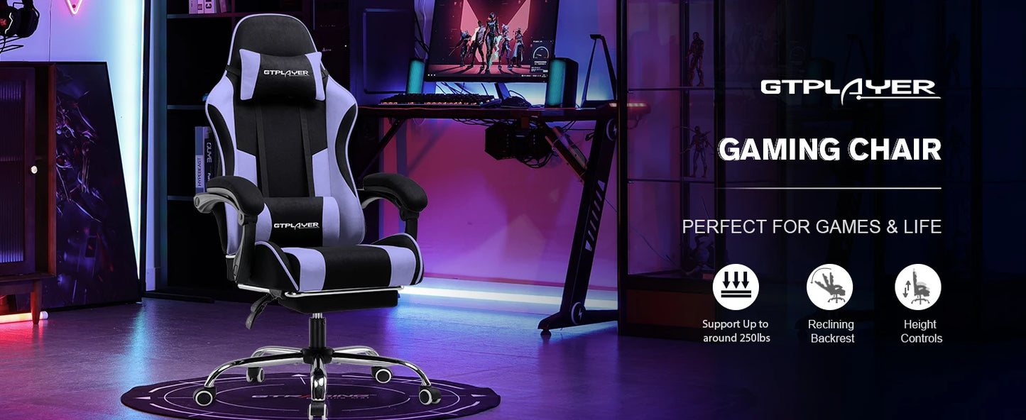 GTPLAYER Ergonomic Gaming Chair with Footrest & Lumbar Pillow, Fabric Office Chair with Headrest, Adjustable Swivel Computer Gaming Chair for Home & Office