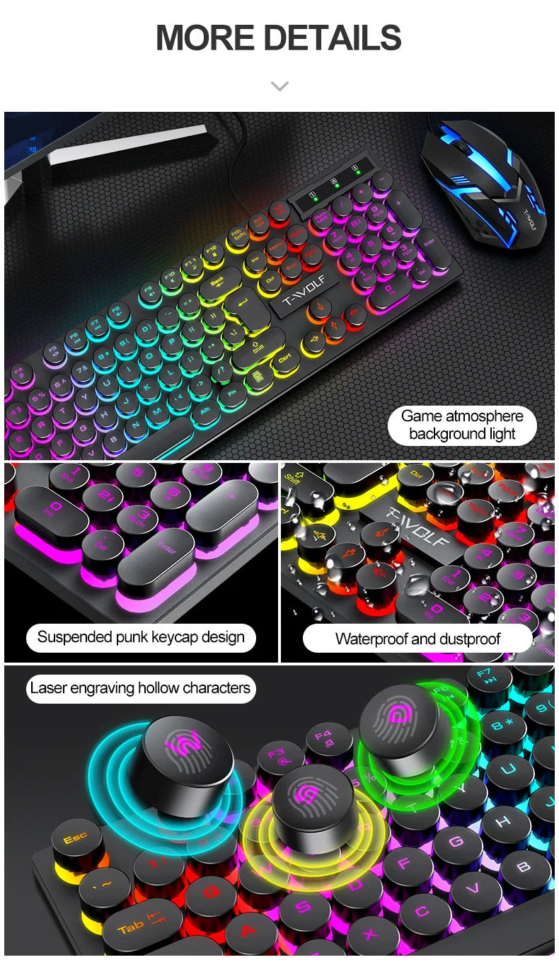Russian Keyboard with Russian English Letter 100% Keyboard Mouse Kit Translucent Keycaps Backlight Punk Round Keycap Wired TF270