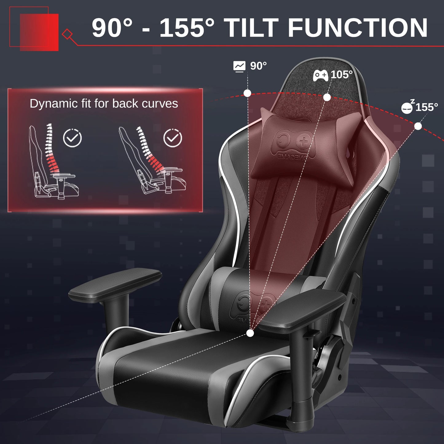 Gaming Chair, Ergonomic, PU Leather, Adjustable Armrests, Waterproof, Max 150kg, Black/Gray