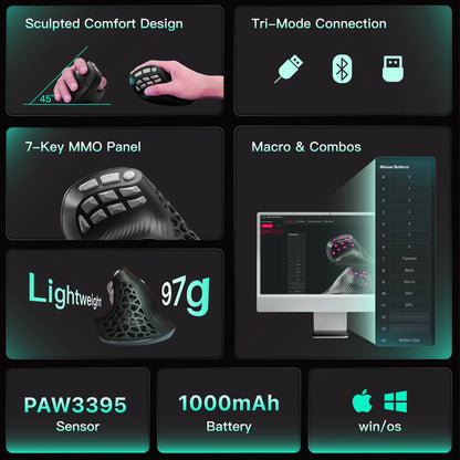 Ratón vertical SOLAKAKA E9 Pro MMO con sensor PAW3395, batería de 1000mAh, agarre vertical de 45°, ratón ergonómico gaming 8k