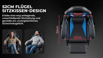 Black & Blue PU Leather Gaming Chair with Footrest, Ergonomic Racing Style Gaming Chair, Height Adjustable Swivel Office Chair with Lumbar Support & Headrest