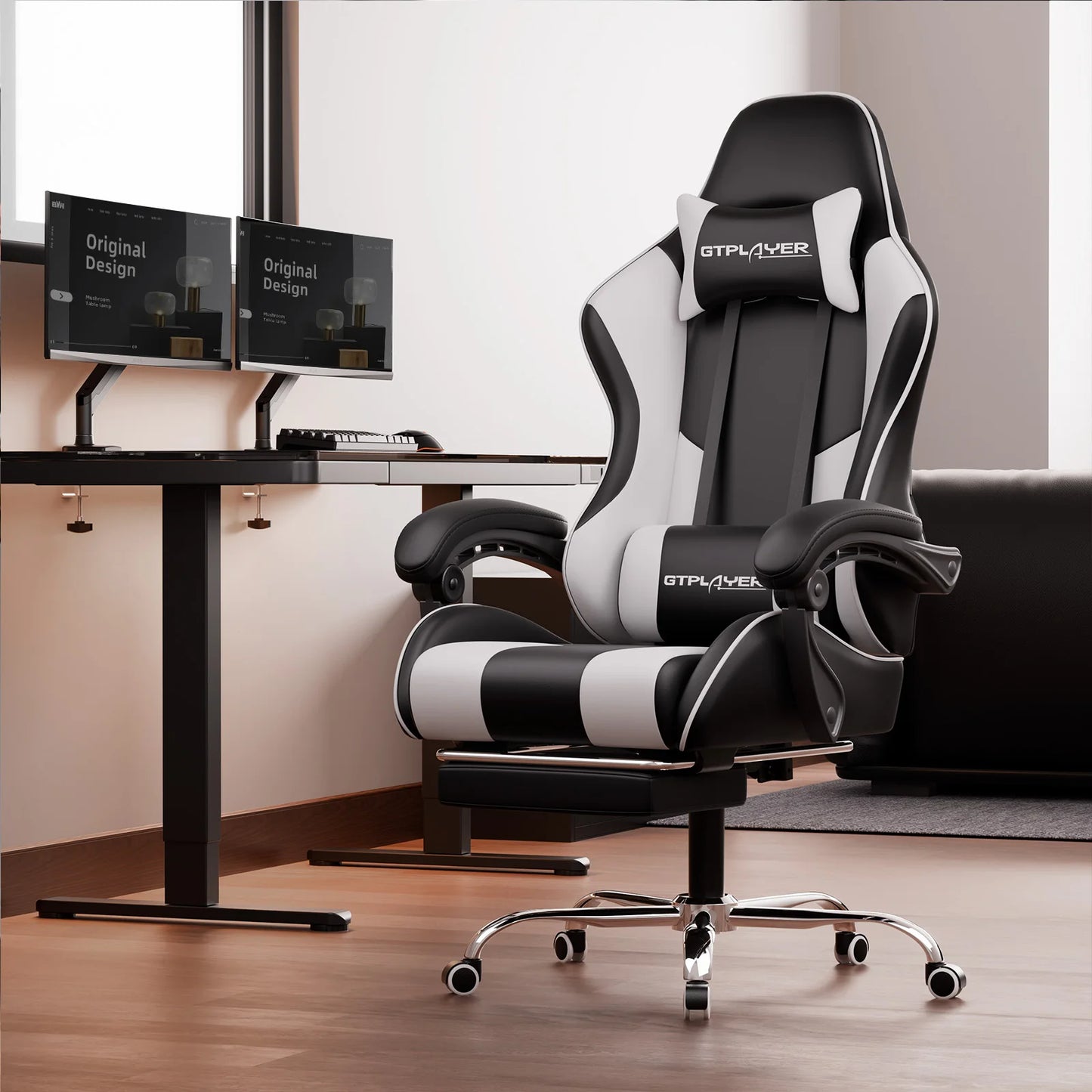 GTPLAYER Gaming Chair Ergonomic Massage Office Chair with Footrest, Headrest, Lumbar Support, Reclining Swivel Gamer Chair for Desk
