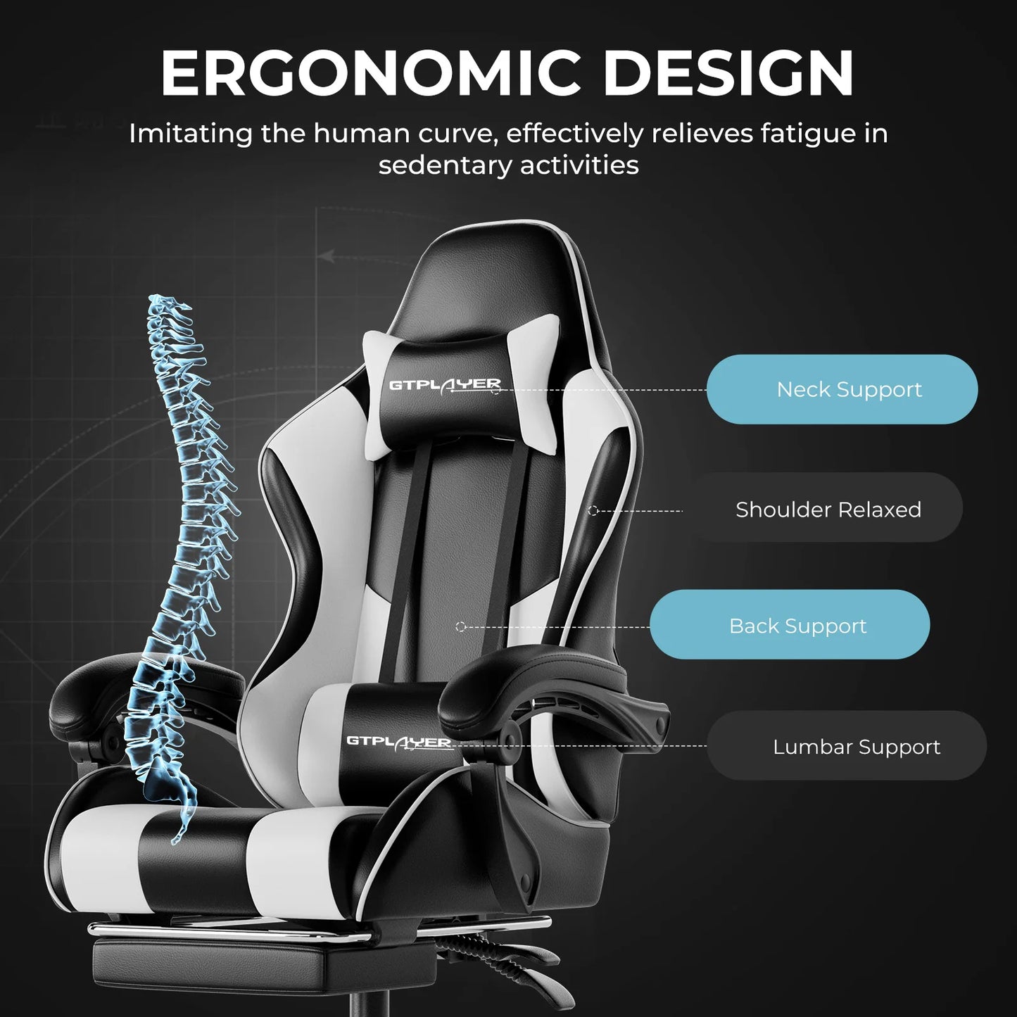 GTPLAYER Gaming Chair Ergonomic Massage Office Chair with Footrest, Headrest, Lumbar Support, Reclining Swivel Gamer Chair for Desk
