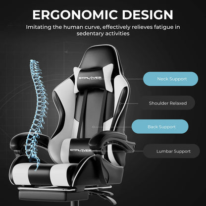 GTPLAYER Gaming Chair Ergonomic Massage Office Chair with Footrest, Headrest, Lumbar Support, Reclining Swivel Gamer Chair for Desk
