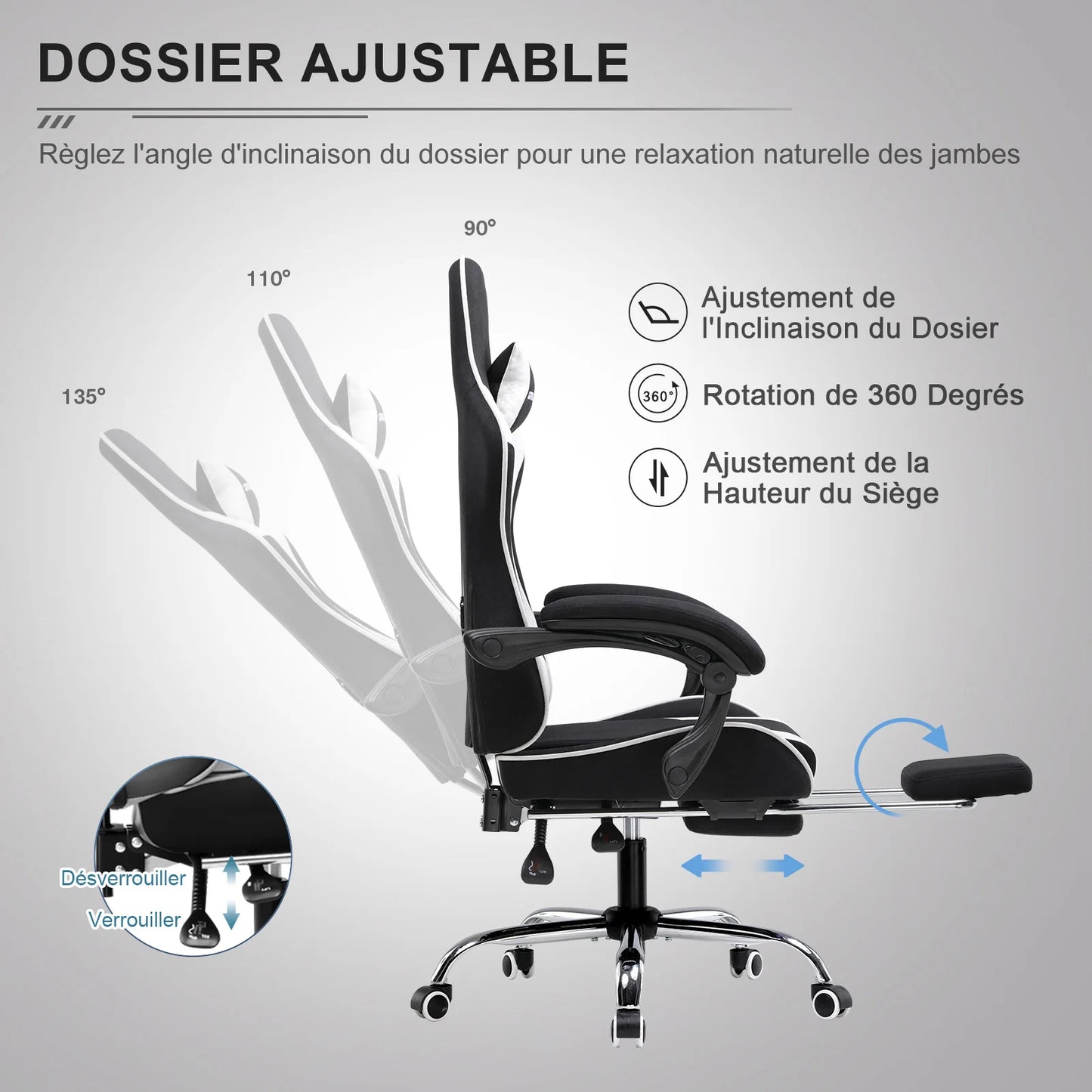 GTPLAYER Ergonomic Gaming Chair with Footrest & Lumbar Pillow, Fabric Office Chair with Headrest, Adjustable Swivel Computer Gaming Chair for Home & Office