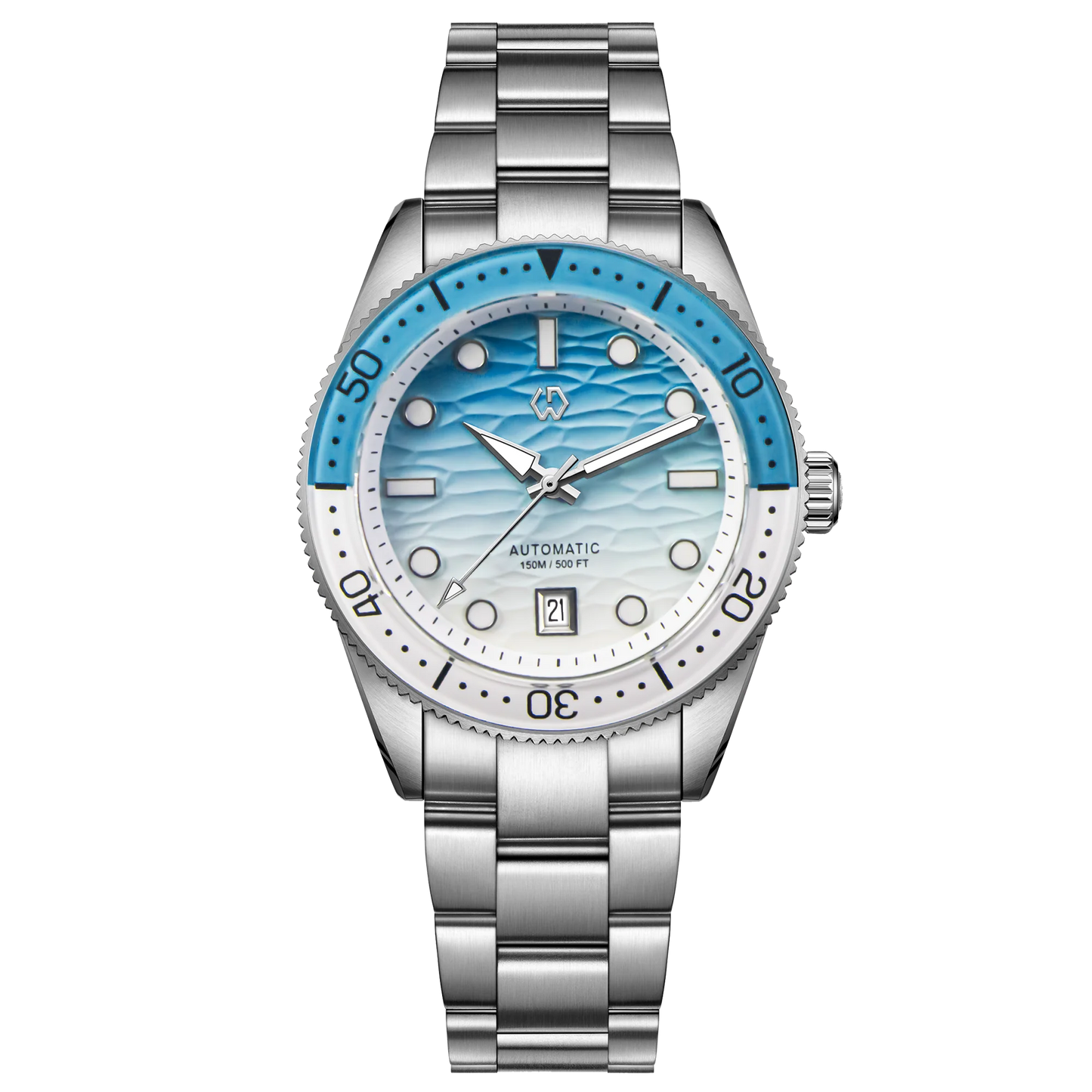WISHDOIT Automatische Taucheruhr für Herren mit ozeanblauem und weißem Wellenschliff-Zifferblatt, 8215-Uhrwerk und Saphirglasablytyped