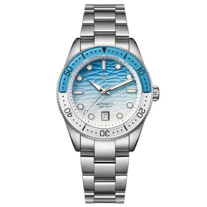 WISHDOIT Automatische Taucheruhr für Herren mit ozeanblauem und weißem Wellenschliff-Zifferblatt, 8215-Uhrwerk und Saphirglasablytyped