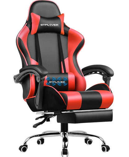 GTPLAYER Gaming Chair with Massage Lumbar Pillow, Ergonomic Gaming Chair with Footrest, Reclining Office Chair, 150kg Heavy Duty Swivel Chair