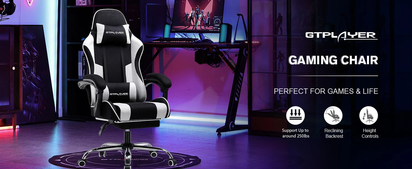 GTPLAYER Ergonomic Gaming Chair with Footrest & Lumbar Pillow, Fabric Office Chair with Headrest, Adjustable Swivel Computer Gaming Chair for Home & Office