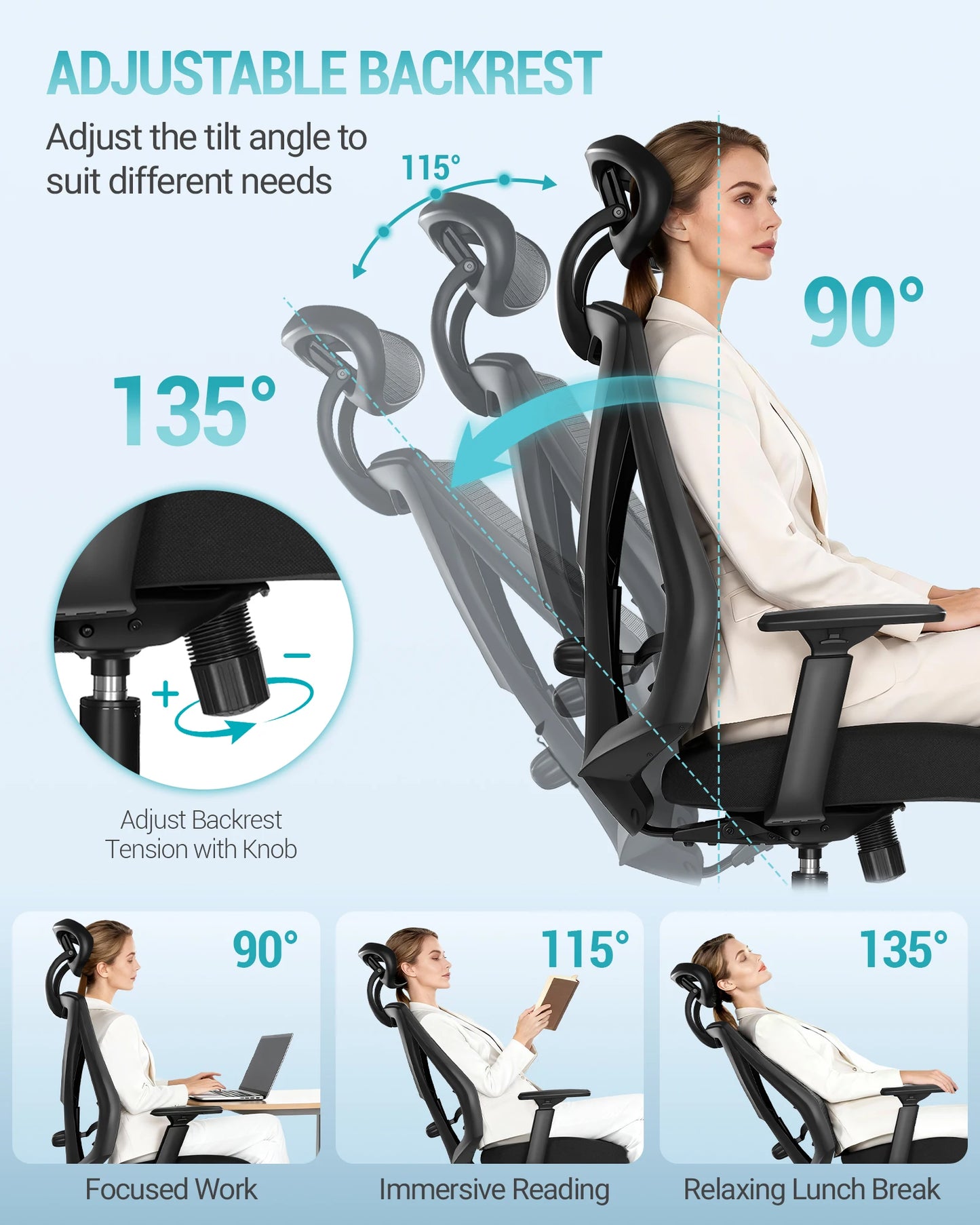 1 Black Ergonomic Office Chair,Computer Chair,Swivel Chair with Adjustable Lumbar Support,Headrest and Armrest,Height Adjustment