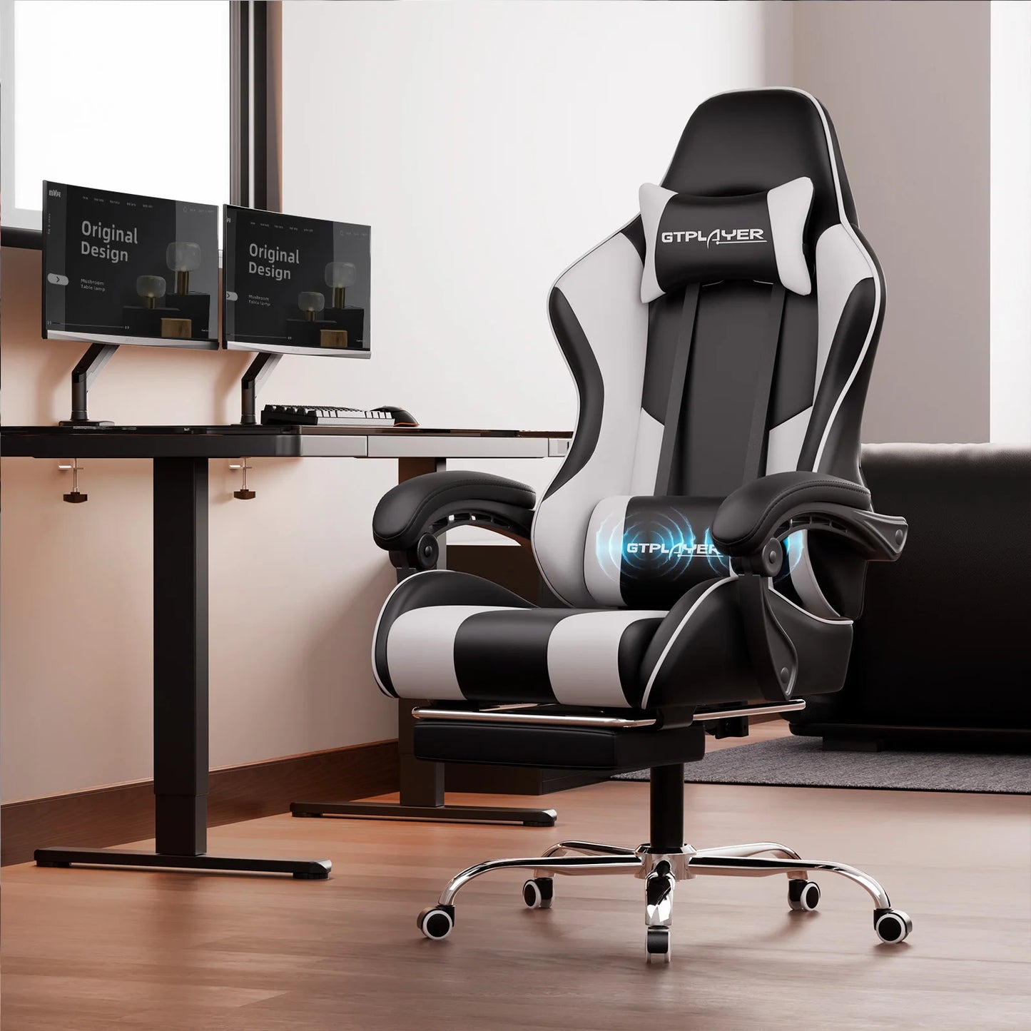 GTPLAYER Gaming Chair Ergonomic Massage Office Chair with Footrest, Headrest, Lumbar Support, Reclining Swivel Gamer Chair for Desk