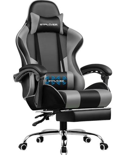 GTPLAYER Gaming Chair with Massage Lumbar Pillow, Ergonomic Gaming Chair with Footrest, Reclining Office Chair, 150kg Heavy Duty Swivel Chair