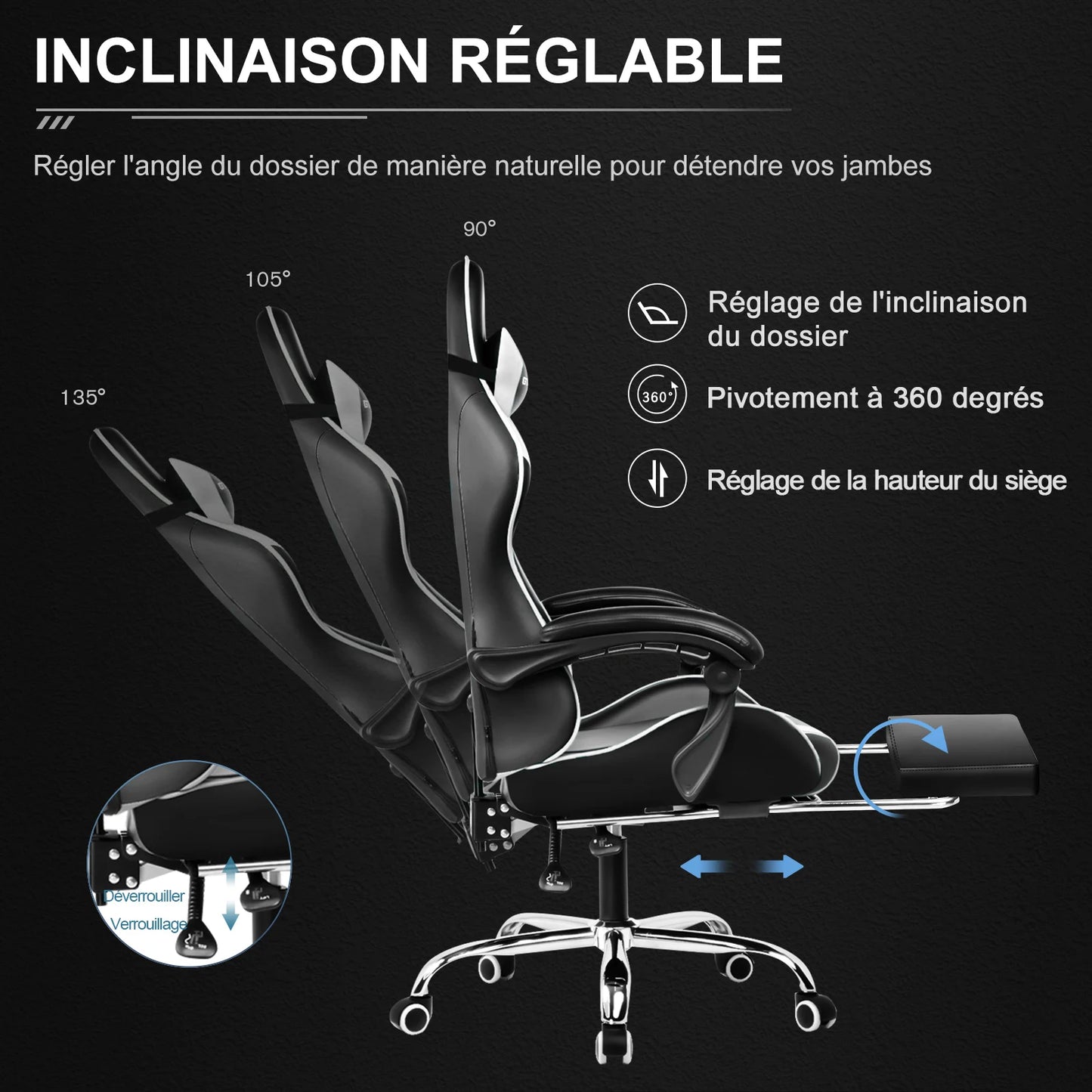 GTPLAYER Gaming Chair Ergonomic Massage Office Chair with Footrest, Headrest, Lumbar Support, Reclining Swivel Gamer Chair for Desk