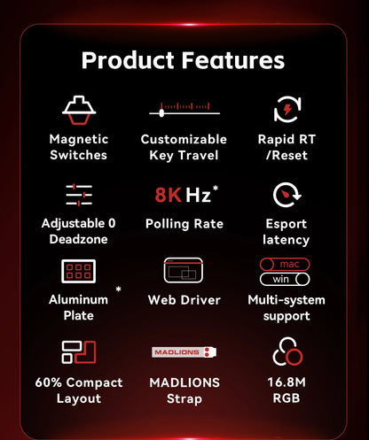 Tastiera meccanica FGG MADLIONS MAD 60/68 Pro con switch magnetici, cablata, 68% gaming, Rapid Trigger, RGB, tastiere custom