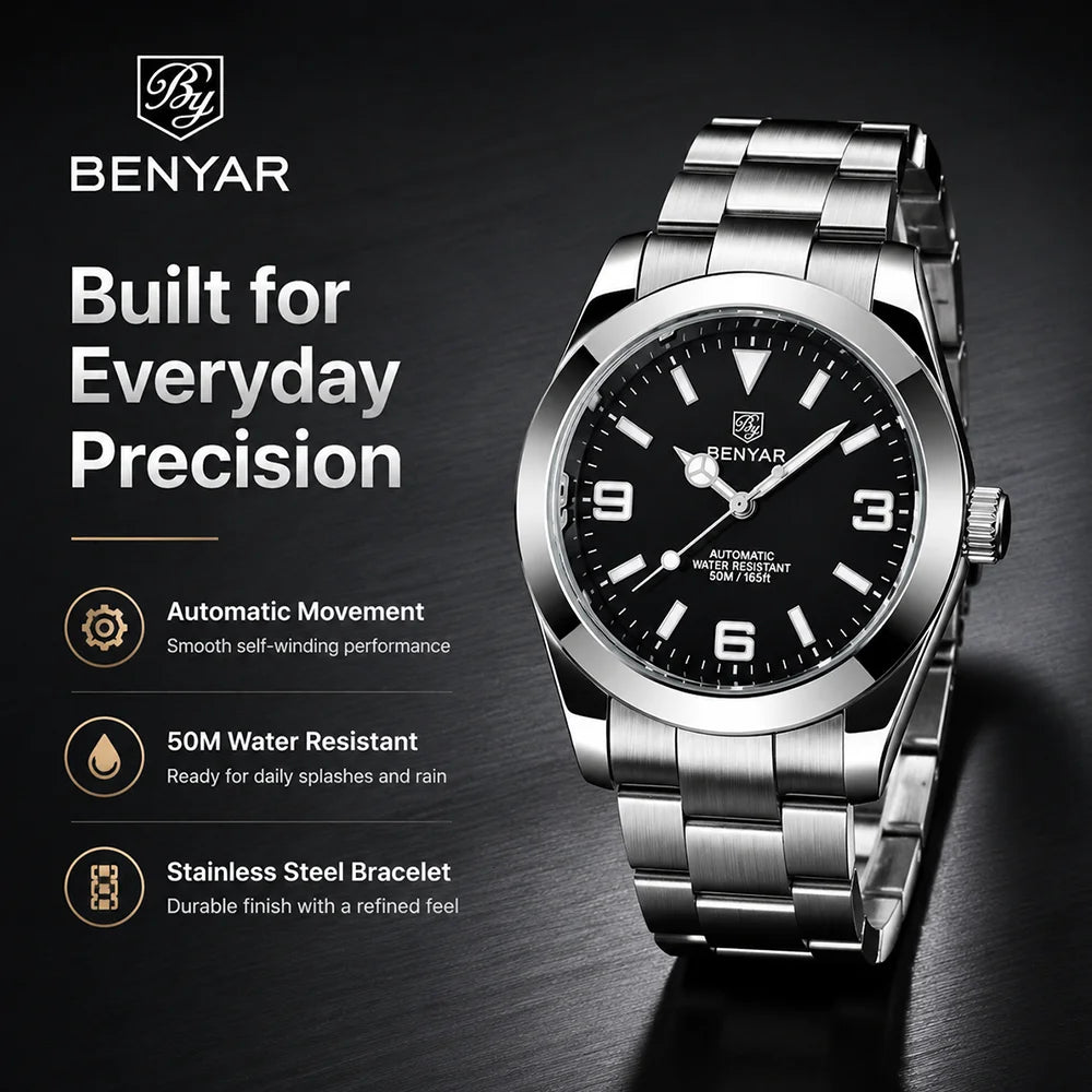 BENYAR Luxury Men Mechanical Wristwatches Stainless Steel Sports Men Automatic Watches 50ATM waterproof Clock