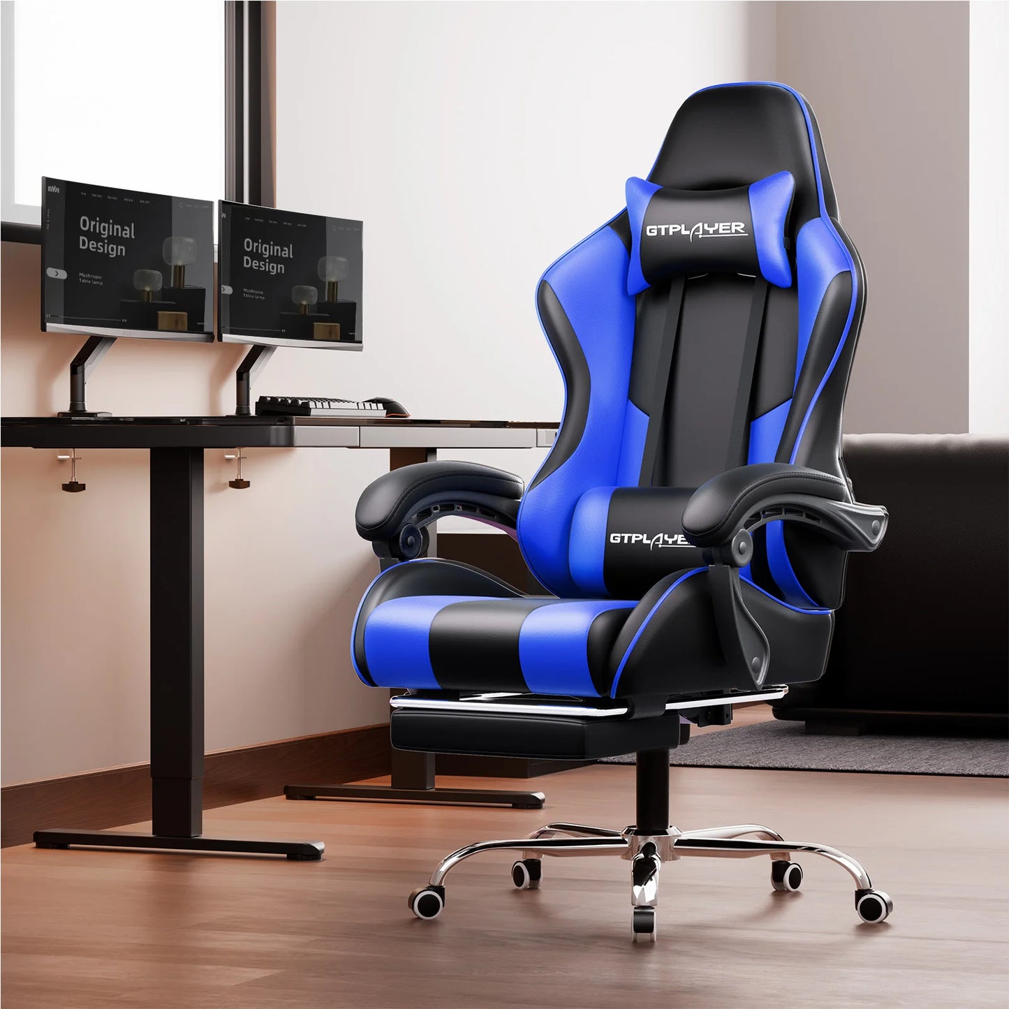 GTPLAYER Gaming Chair with Massage Lumbar Pillow, Ergonomic Gaming Chair with Footrest, Reclining Office Chair, 150kg Heavy Duty Swivel Chair