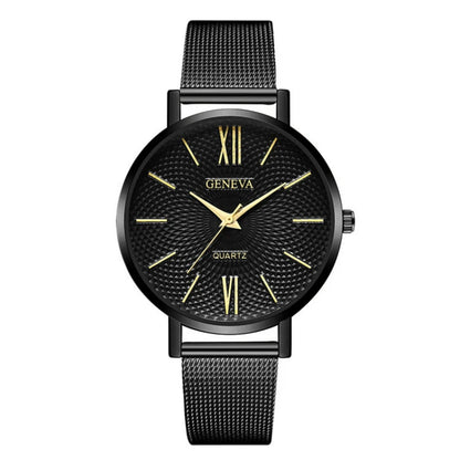 2021 New Geneva Watch Women Black Watches Stainless Steel Mesh Band Quartz Wristwatches Casual Ladies Watches Cheap Price