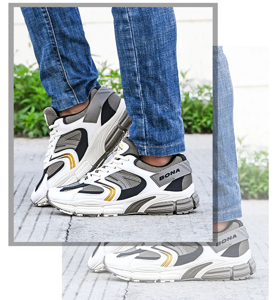 BONA New Designers Action leren mesh heren hardloopschoenen sneakers sportschoenen lichtgewicht antislip wandelschoenen voor buiten