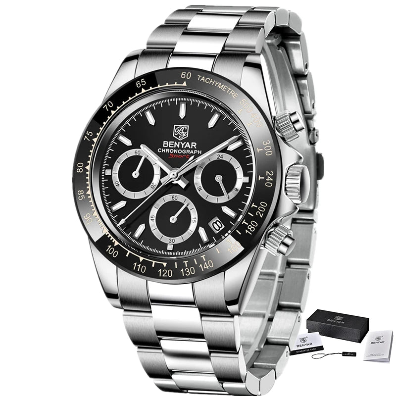 „BENYAR“ vyriški laikrodžiai – prabangus chronografas, sportinis modelis, atsparus vandeniui, pagamintas iš nerūdijančio plieno, su kvarciniu mechanizmu