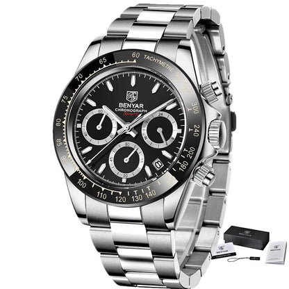 „BENYAR“ vyriški laikrodžiai – prabangus chronografas, sportinis modelis, atsparus vandeniui, pagamintas iš nerūdijančio plieno, su kvarciniu mechanizmu