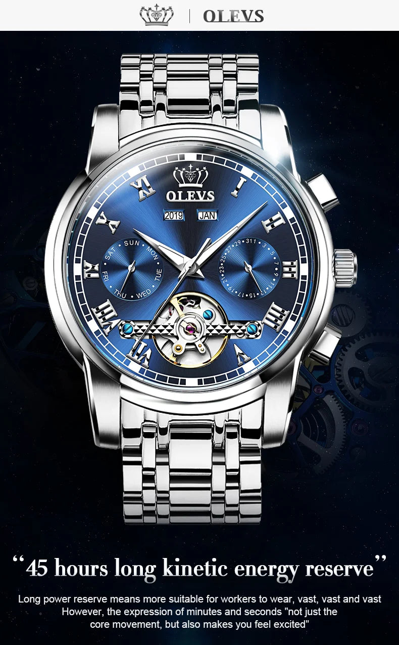 OLEVS Men's Watches Automatic Mechanical Business Wristwatch Waterproof Stainless Steel Strap Watch for Man Skeleton Calendar