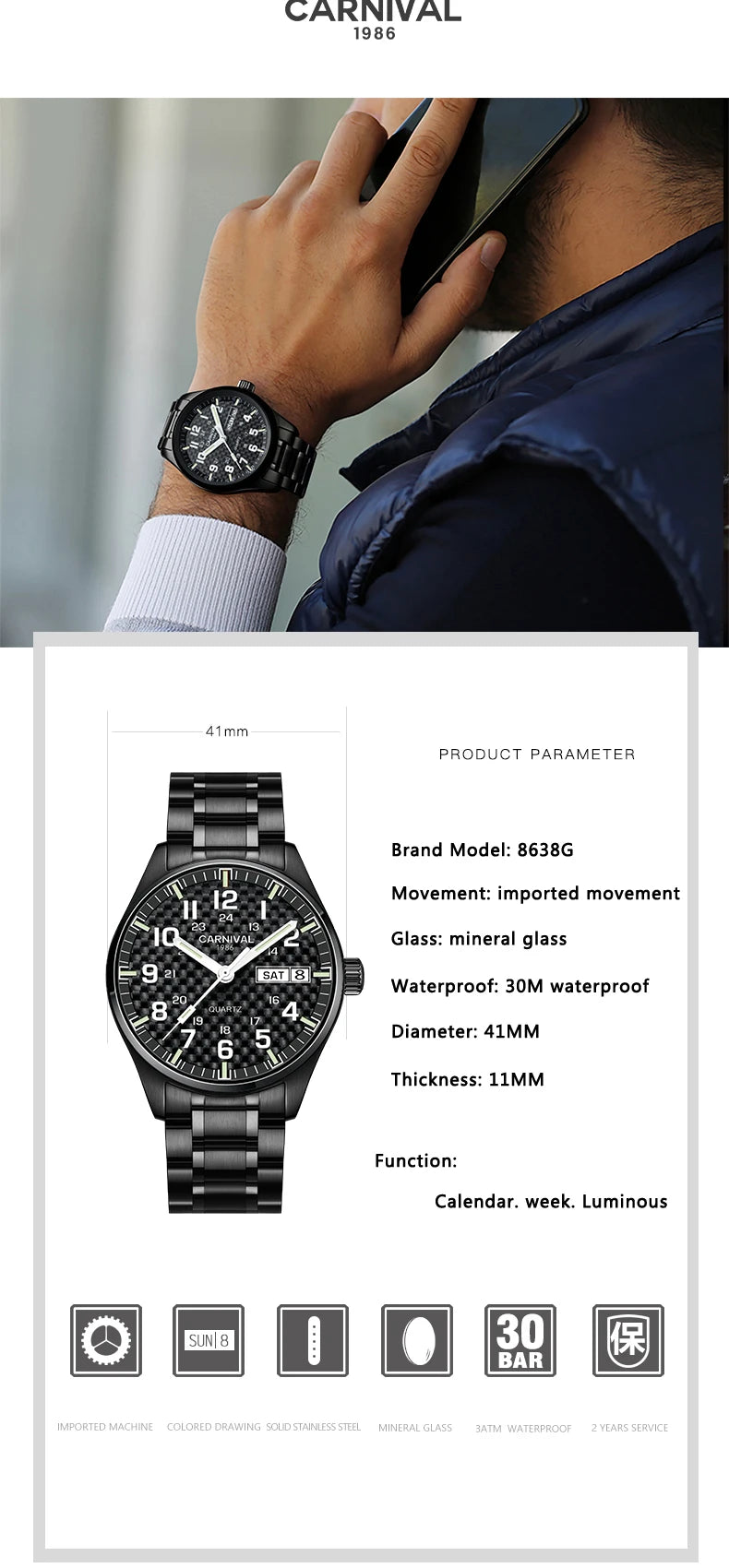 Orologio da uomo CARNIVAL Luxury Brand 8638 al quarzo, lancette luminose, impermeabile, in solido acciaio inossidabile