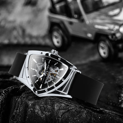 WINNER automatisch herenhorloge, driehoekig skeletontwerp, lichtgevende wijzers, rubberen band, militaire stijl, luxe mechanisch horloge