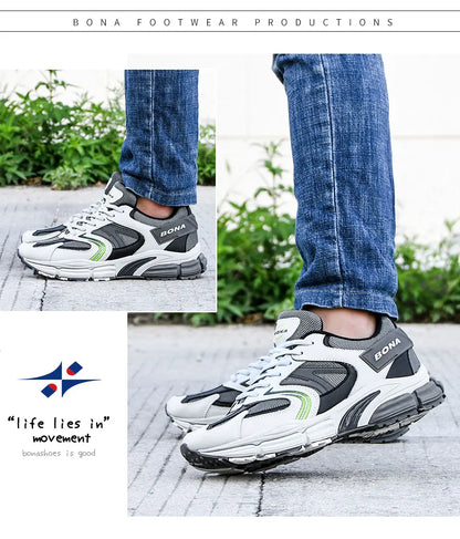 BONA New Designers Action leren mesh heren hardloopschoenen sneakers sportschoenen lichtgewicht antislip wandelschoenen voor buiten