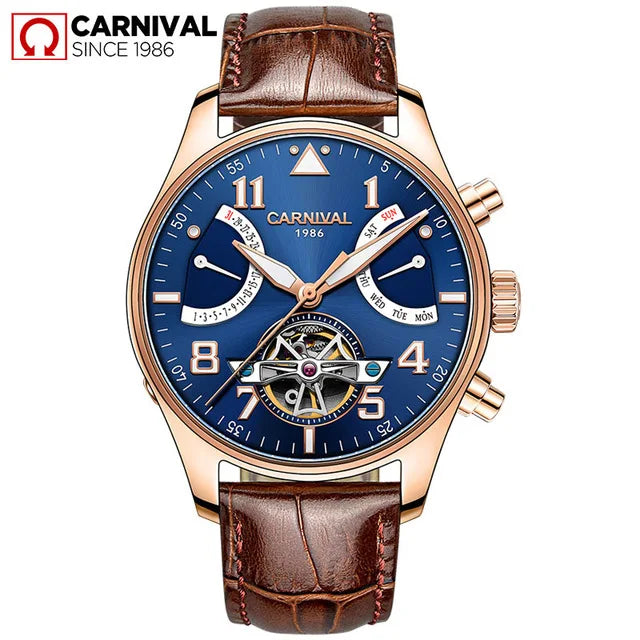 CARNIVAL Fashion Tourbillon Mechanical Watches for Man Automatic Watch Sapphire Waterproof Calendar Luminous Relogio Masculino