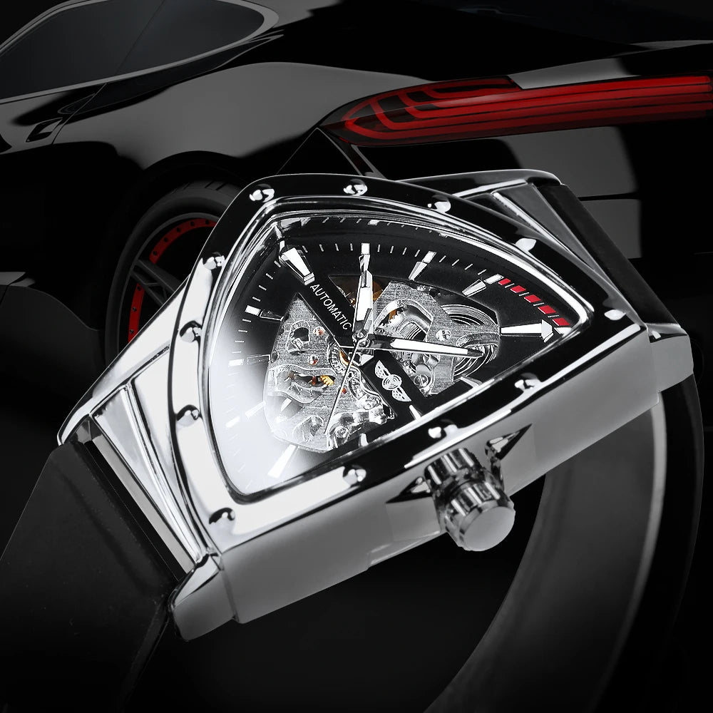 WINNER automatisch herenhorloge, driehoekig skeletontwerp, lichtgevende wijzers, rubberen band, militaire stijl, luxe mechanisch horloge