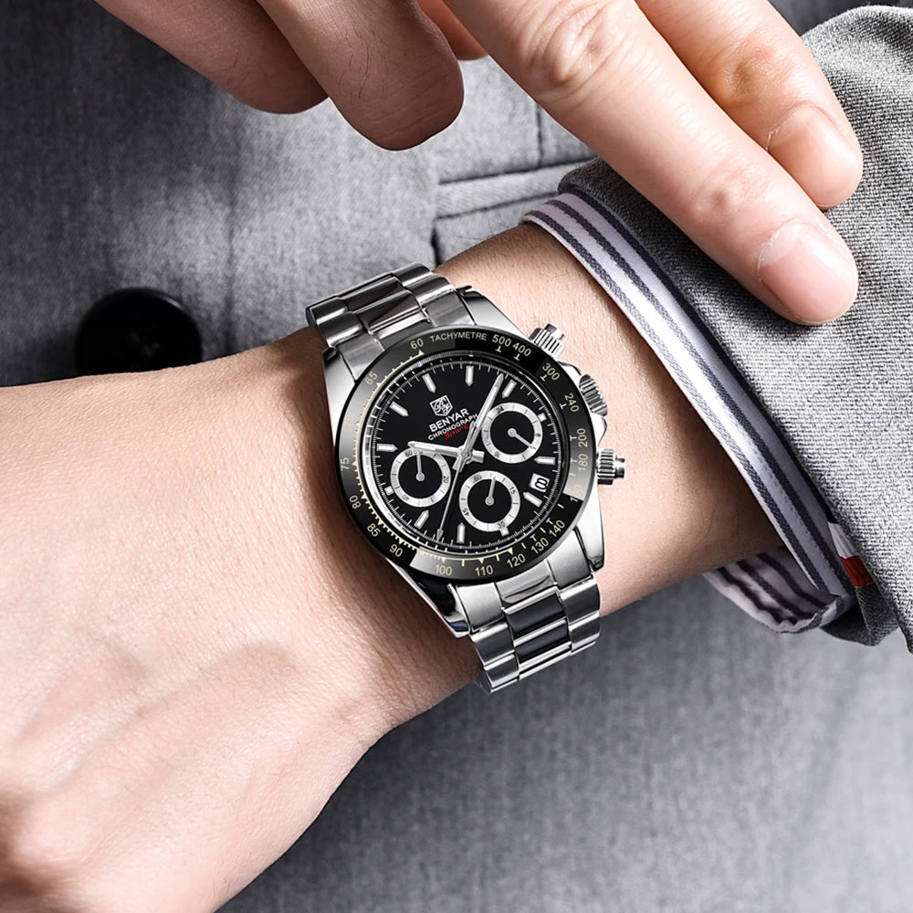„BENYAR“ vyriški laikrodžiai – prabangus chronografas, sportinis modelis, atsparus vandeniui, pagamintas iš nerūdijančio plieno, su kvarciniu mechanizmu