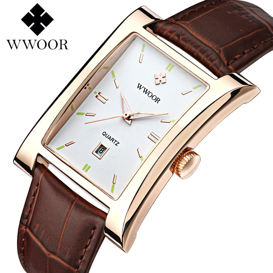 WWOOR Brand Classic Fashion Mens Rectangle Watches Male Gold Brown Leather Quartz Waterproof Wrist Watch For Men Calendar Clocks
