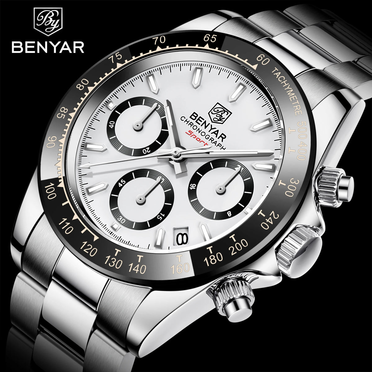„BENYAR“ vyriški laikrodžiai – prabangus chronografas, sportinis modelis, atsparus vandeniui, pagamintas iš nerūdijančio plieno, su kvarciniu mechanizmu