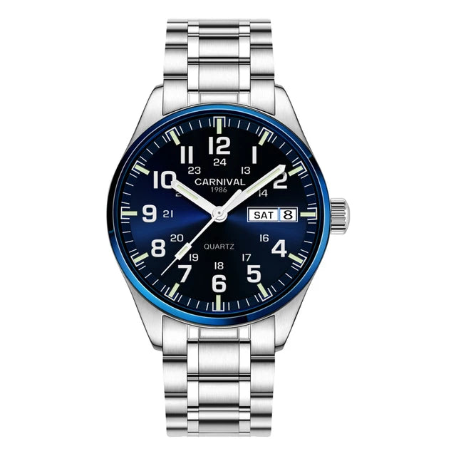 Orologio da uomo CARNIVAL Luxury Brand 8638 al quarzo, lancette luminose, impermeabile, in solido acciaio inossidabile