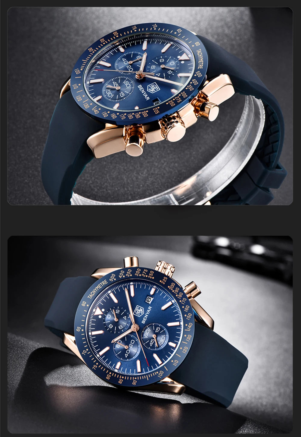 Montres de luxe pour hommes BENYAR – Montres-bracelets à quartz avec bracelet en cuir, étanches jusqu'à 30 m, style sportif.