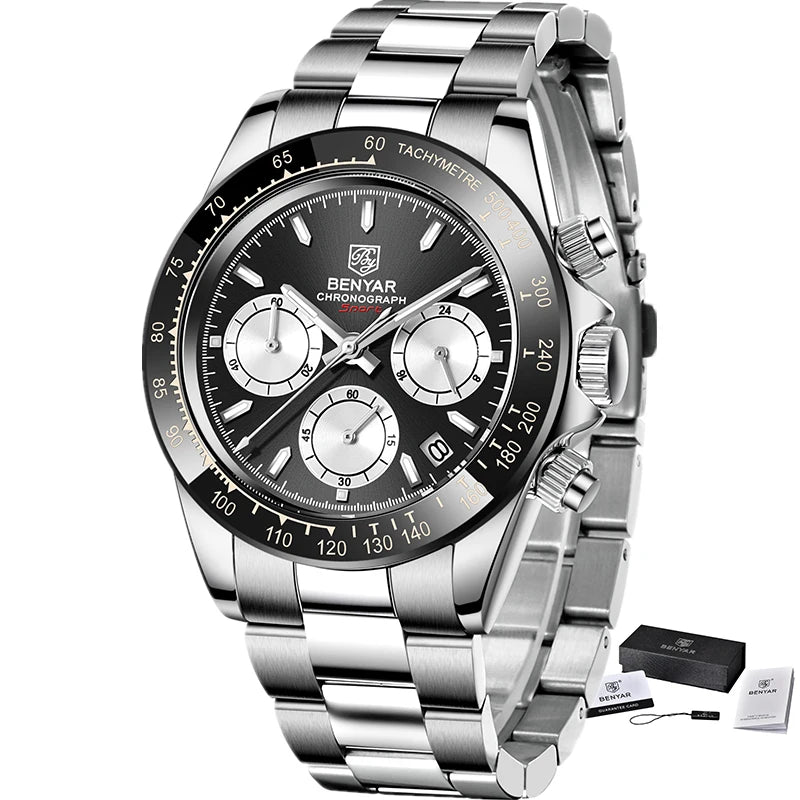 „BENYAR“ vyriški laikrodžiai – prabangus chronografas, sportinis modelis, atsparus vandeniui, pagamintas iš nerūdijančio plieno, su kvarciniu mechanizmu