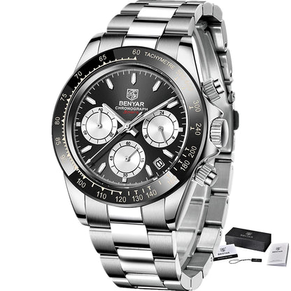 „BENYAR“ vyriški laikrodžiai – prabangus chronografas, sportinis modelis, atsparus vandeniui, pagamintas iš nerūdijančio plieno, su kvarciniu mechanizmu