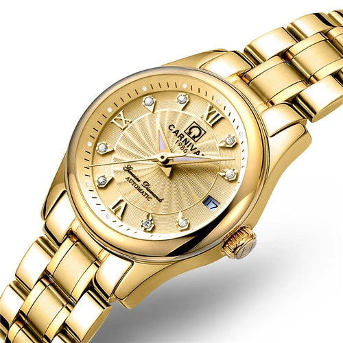 Mechaniczny zegarek na rękę dla kobiet marki CARNIVAL – elegancki model, mechanizm automatyczny, szkło szafirowe, wodoodporny.