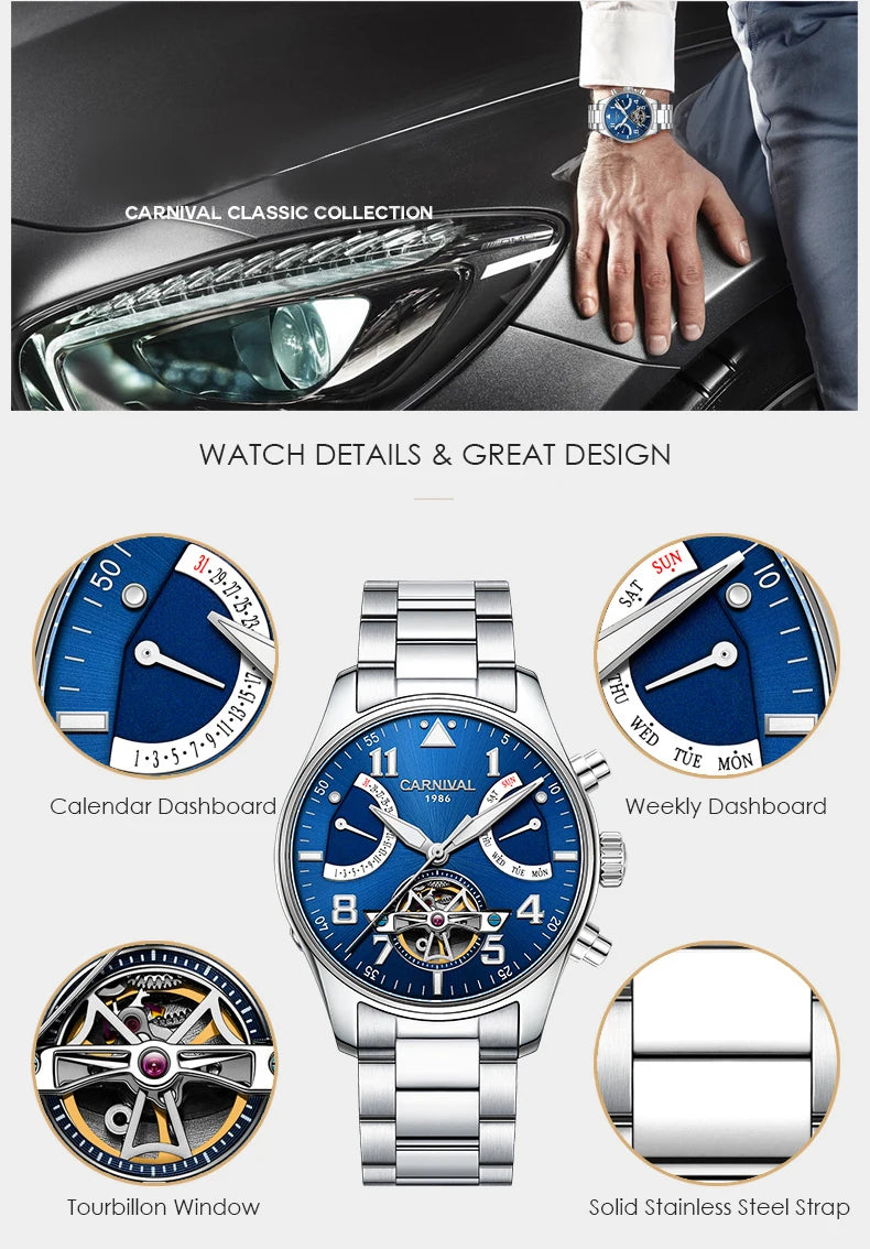CARNIVAL Fashion Tourbillon Mechanical Watches for Man Automatic Watch Sapphire Waterproof Calendar Luminous Relogio Masculino