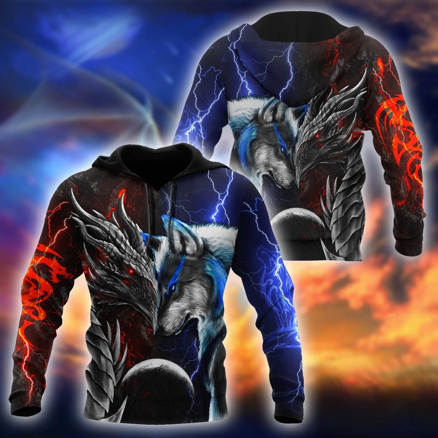 Red & blue dragon & wolf 3D Printed Fashion Mens Autumn Hoodies Sweatshirt Unisex Streetwear Casual Zip Jacket Pullover KJ494