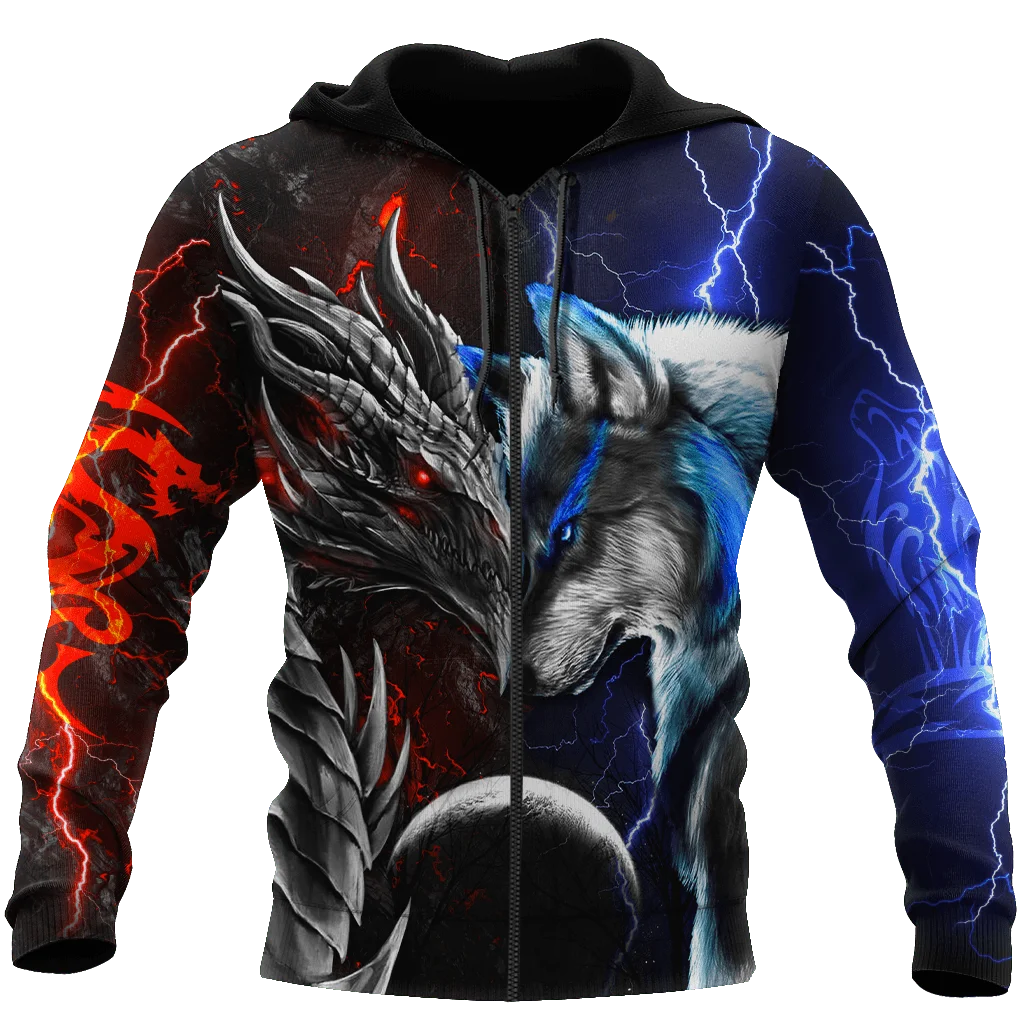 Red & blue dragon & wolf 3D Printed Fashion Mens Autumn Hoodies Sweatshirt Unisex Streetwear Casual Zip Jacket Pullover KJ494
