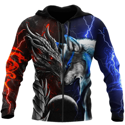 Red & blue dragon & wolf 3D Printed Fashion Mens Autumn Hoodies Sweatshirt Unisex Streetwear Casual Zip Jacket Pullover KJ494