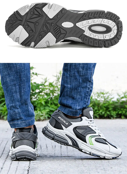 BONA New Designers Action leren mesh heren hardloopschoenen sneakers sportschoenen lichtgewicht antislip wandelschoenen voor buiten