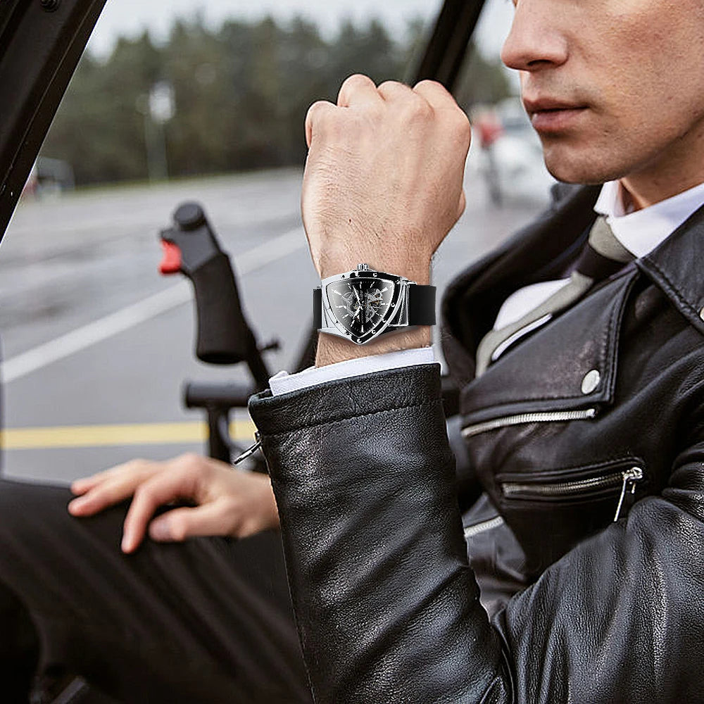 WINNER automatisch herenhorloge, driehoekig skeletontwerp, lichtgevende wijzers, rubberen band, militaire stijl, luxe mechanisch horloge
