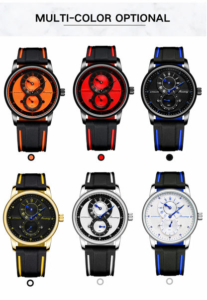 Men Wristwatch Blue White Dial Automatic Transparent Mechanical Watch Silicone Rubber Band Male Sport Clock Relogio Masculino