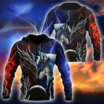 Red & blue dragon & wolf 3D Printed Fashion Mens Autumn Hoodies Sweatshirt Unisex Streetwear Casual Zip Jacket Pullover KJ494