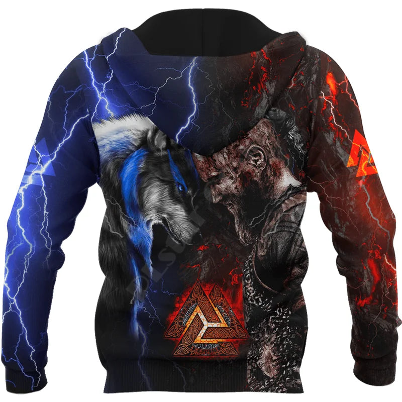 Felpa con cappuccio 3D all-over con stampa tatuaggio Ragnar e lupo Valknut, con zip, da donna e da uomo, pullover per costumi cosplay