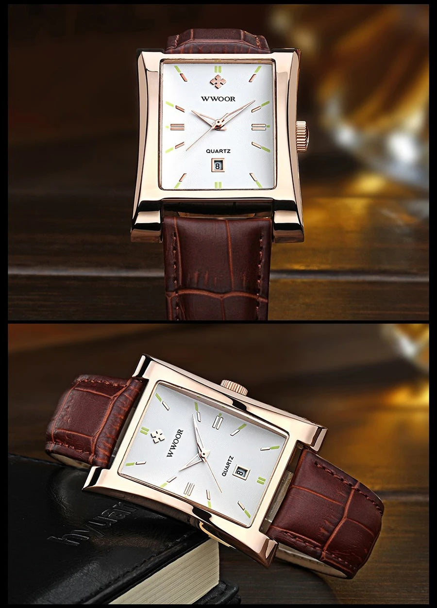 WWOOR Brand Classic Fashion Mens Rectangle Watches Male Gold Brown Leather Quartz Waterproof Wrist Watch For Men Calendar Clocks