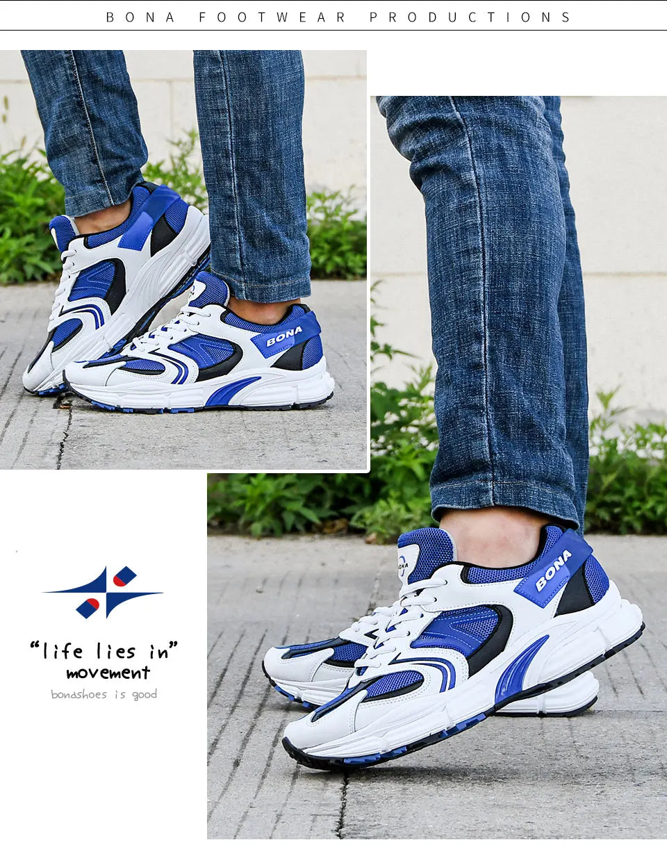 BONA New Designers Action leren mesh heren hardloopschoenen sneakers sportschoenen lichtgewicht antislip wandelschoenen voor buiten