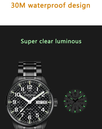 Orologio da uomo CARNIVAL Luxury Brand 8638 al quarzo, lancette luminose, impermeabile, in solido acciaio inossidabile